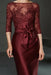 Bateau 3/4 Long Sleeves Satin Mother of the Bride Dresses with Lace Burgundy- Prom Dresses