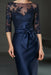 Bateau 3/4 Long Sleeves Satin Mother of the Bride Dresses with Lace Navy- Prom Dresses