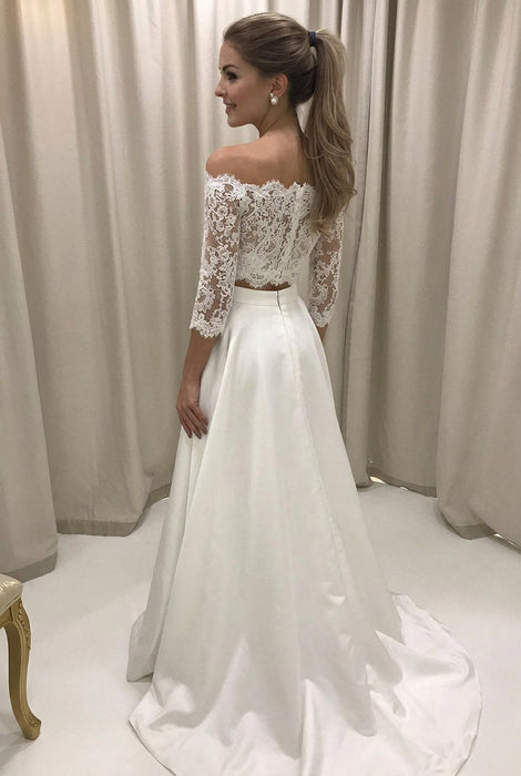 Bateau 3/4 Sleeve Lace Boho Wedding Dresses