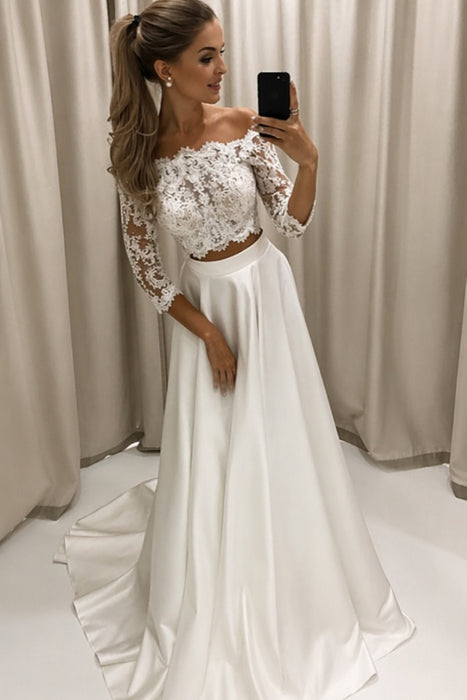 Bateau 3/4 Sleeve Lace Boho Wedding Dresses