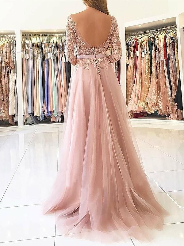 3/4 Sleeves Lace Top Bateau Neck Floor-length Dress Papaya