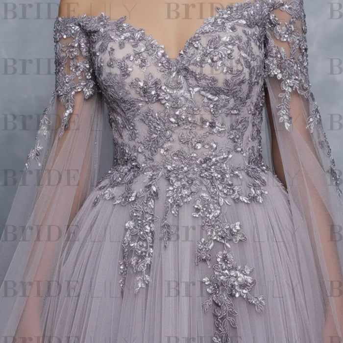Evening Dress Lavender A-Line Bateau Neck Long Sleeves Tulle Floor-Length Formal Dinner Dresses