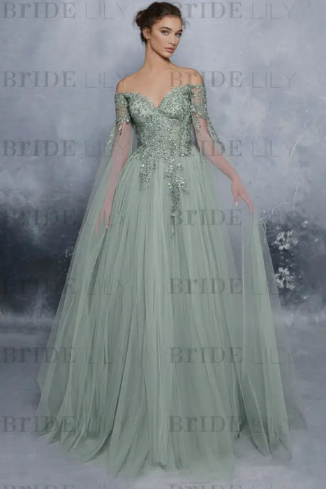 Evening Dress Sage Green A-Line Bateau Neck Long Sleeves Tulle Floor-Length Formal Dinner Dresses