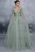 Evening Dress Sage Green A-Line Bateau Neck Long Sleeves Tulle Floor-Length Formal Dinner Dresses