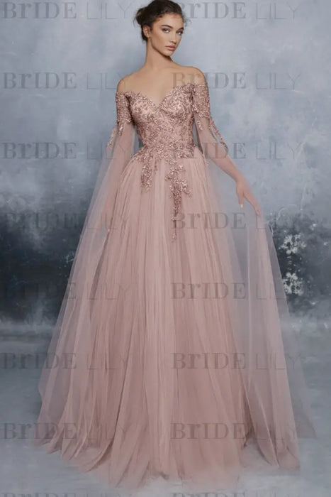 Evening Dress Dusty Rose A-Line Bateau Neck Long Sleeves Tulle Floor-Length Formal Dinner Dresses