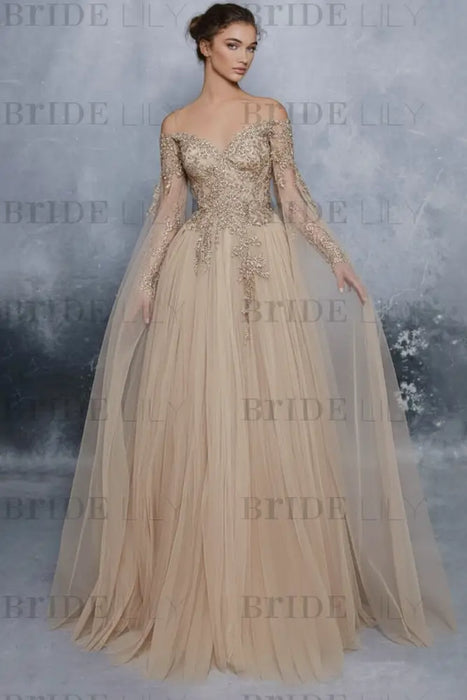 Evening Dress Champagne A-Line Bateau Neck Long Sleeves Tulle Floor-Length Formal Dinner Dresses