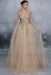 Evening Dress Champagne A-Line Bateau Neck Long Sleeves Tulle Floor-Length Formal Dinner Dresses