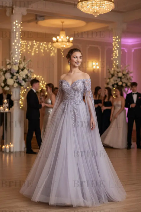 Evening Dress Lavender A-Line Bateau Neck Long Sleeves Tulle Floor-Length Formal Dinner Dresses