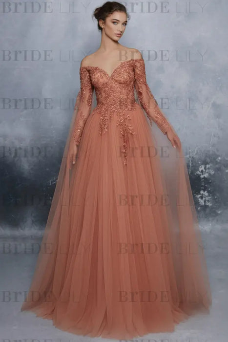 Evening Dress Orange A-Line Bateau Neck Long Sleeves Tulle Floor-Length Formal Dinner Dresses