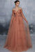 Evening Dress Orange A-Line Bateau Neck Long Sleeves Tulle Floor-Length Formal Dinner Dresses