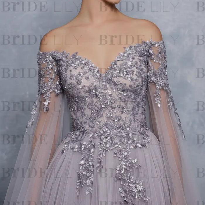 Evening Dress Lavender A-Line Bateau Neck Long Sleeves Tulle Floor-Length Formal Dinner Dresses