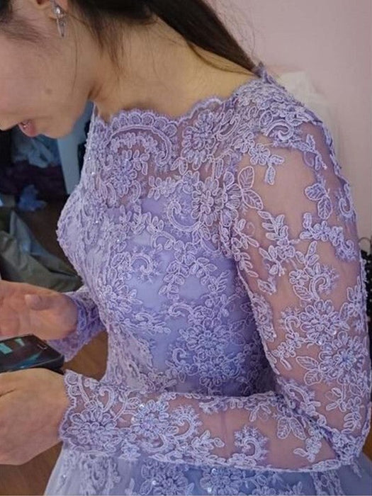 Ball Gown Jewel Long Sleeves Floor-Length Lace Tulle Dresses - Prom Dresses