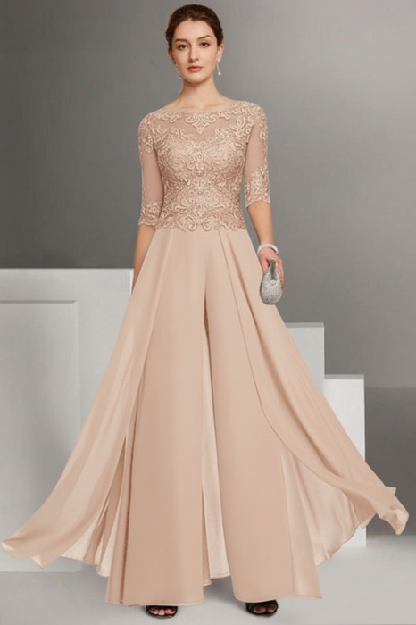 Champagne Bateau Neck Floor Length Chiffon Jumpsuit Half Sleeves Mother of the Bride Outfit with Appliques