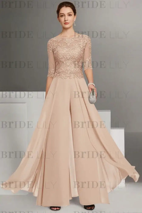 Champagne Bateau Neck Floor Length Chiffon Jumpsuit Half Sleeves Mother of the Bride Outfit with Appliques