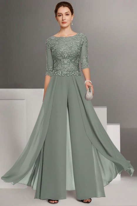 Sage Green Bateau Neck Floor Length Chiffon Jumpsuit Half Sleeves Mother of the Bride Outfit with Appliques