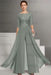 Sage Green Bateau Neck Floor Length Chiffon Jumpsuit Half Sleeves Mother of the Bride Outfit with Appliques