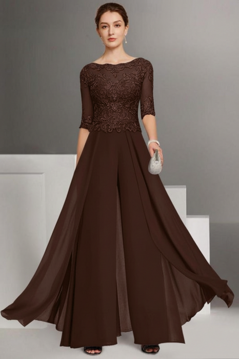 Brown Bateau Neck Floor Length Chiffon Jumpsuit Half Sleeves Mother of the Bride Outfit with Appliques