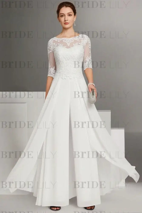 White Bateau Neck Floor Length Chiffon Jumpsuit Half Sleeves Mother of the Bride Outfit with Appliques