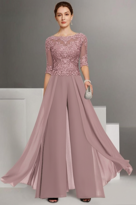 Dusty Rose Bateau Neck Floor Length Chiffon Jumpsuit Half Sleeves Mother of the Bride Outfit with Appliques