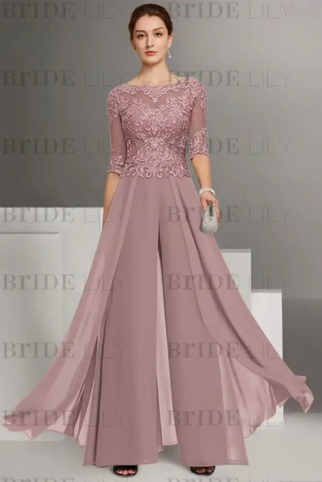 Dusty Rose Bateau Neck Floor Length Chiffon Jumpsuit Half Sleeves Mother of the Bride Outfit with Appliques