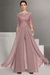 Dusty Rose Bateau Neck Floor Length Chiffon Jumpsuit Half Sleeves Mother of the Bride Outfit with Appliques