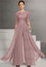 Dusty Rose Bateau Neck Floor Length Chiffon Jumpsuit Half Sleeves Mother of the Bride Outfit with Appliques