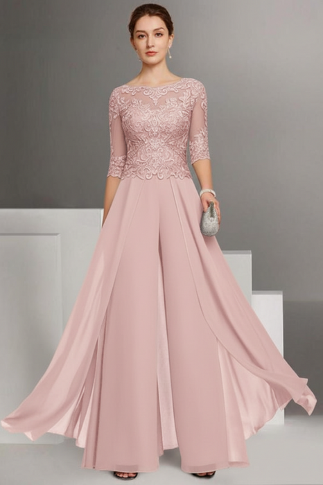 Pearl Pink Bateau Neck Floor Length Chiffon Jumpsuit Half Sleeves Mother of the Bride Outfit with Appliques