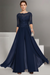 Navy Blue Bateau Neck Floor Length Chiffon Jumpsuit Half Sleeves Mother of the Bride Outfit with Appliques