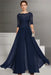 Navy Blue Bateau Neck Floor Length Chiffon Jumpsuit Half Sleeves Mother of the Bride Outfit with Appliques