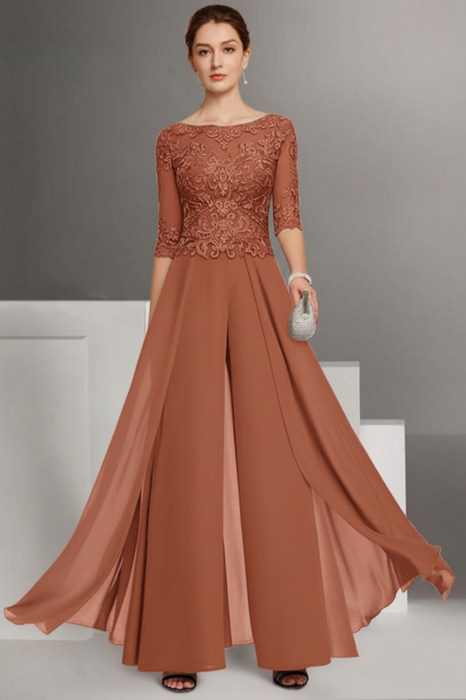 Terracotta Bateau Neck Floor Length Chiffon Jumpsuit Half Sleeves Mother of the Bride Outfit with Appliques