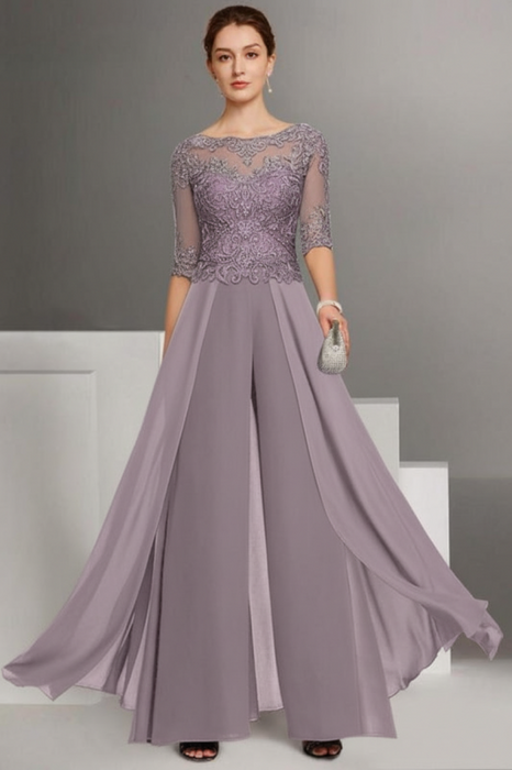 Lavender Bateau Neck Floor Length Chiffon Jumpsuit Half Sleeves Mother of the Bride Outfit with Appliques