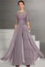 Lavender Bateau Neck Floor Length Chiffon Jumpsuit Half Sleeves Mother of the Bride Outfit with Appliques
