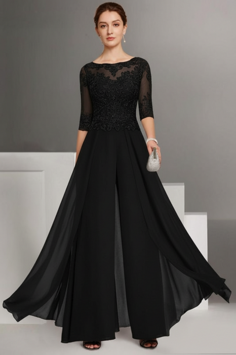 Black Bateau Neck Floor Length Chiffon Jumpsuit Half Sleeves Mother of the Bride Outfit with Appliques