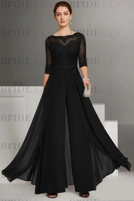 Black Bateau Neck Floor Length Chiffon Jumpsuit Half Sleeves Mother of the Bride Outfit with Appliques