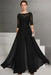 Black Bateau Neck Floor Length Chiffon Jumpsuit Half Sleeves Mother of the Bride Outfit with Appliques