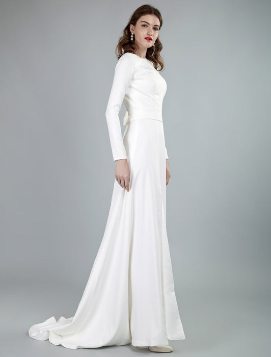 Simple Wedding Dress Lycra Spandex Bateau Neck Long Sleeves Split Front A Line Bridal Dresses