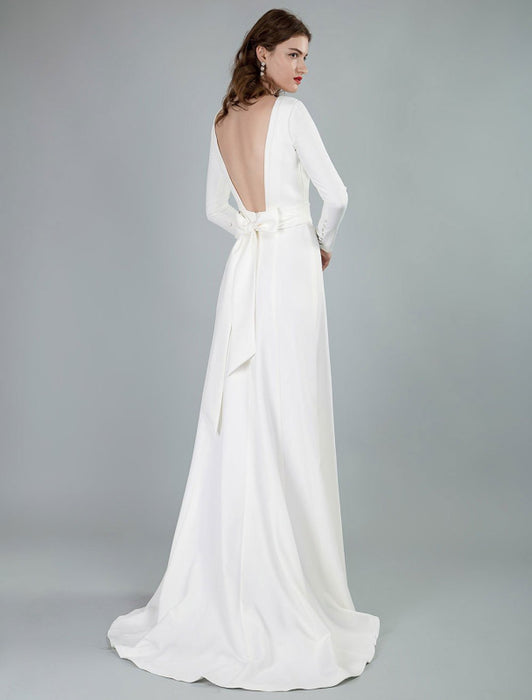 Simple Wedding Dress Lycra Spandex Bateau Neck Long Sleeves Split Front A Line Bridal Dresses