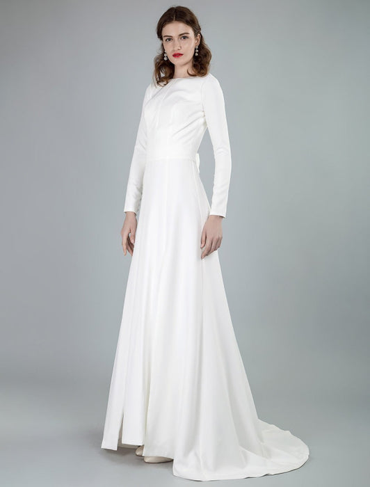 Simple Wedding Dress Lycra Spandex Bateau Neck Long Sleeves Split Front A Line Bridal Dresses