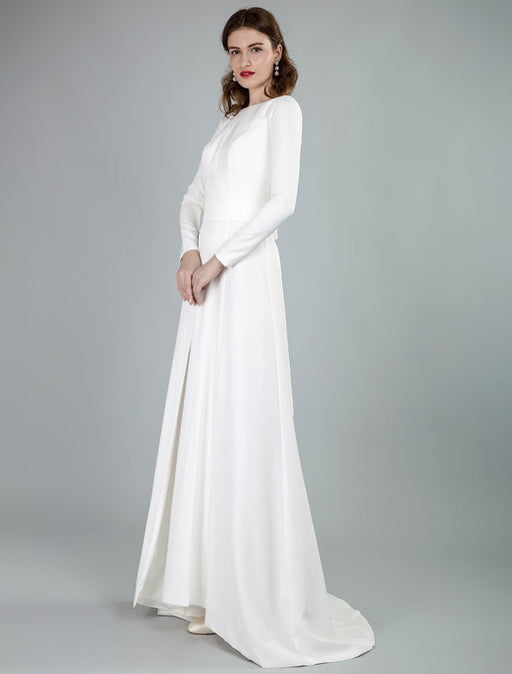 Simple Wedding Dress Lycra Spandex Bateau Neck Long Sleeves Split Front A Line Bridal Dresses
