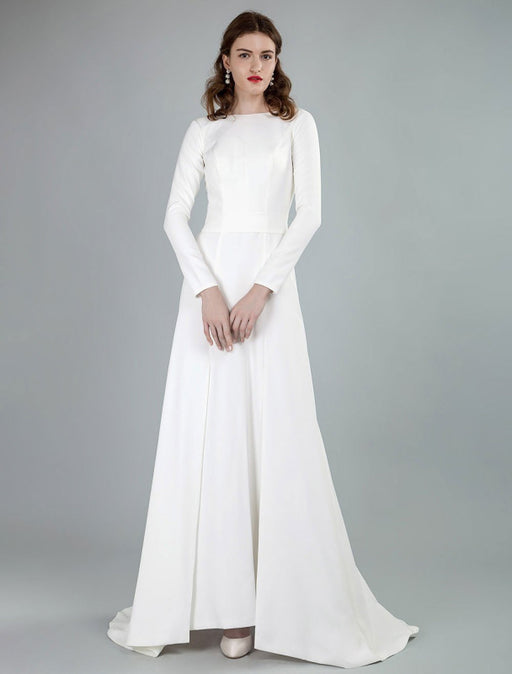 Simple Wedding Dress Lycra Spandex Bateau Neck Long Sleeves Split Front A Line Bridal Dresses