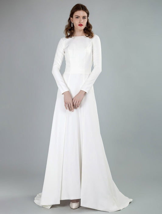 Simple Wedding Dress Lycra Spandex Bateau Neck Long Sleeves Split Front A Line Bridal Dresses