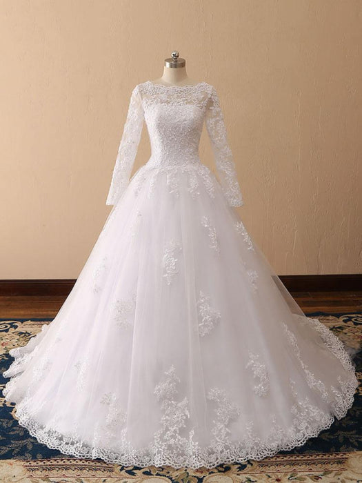 wedding dresses 2021 princess silhouette bateau neck long sleeve natural waist lace tulle bridal gowns