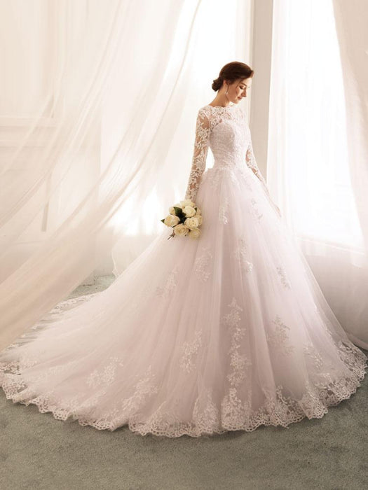 wedding dresses princess long sleeve lace tulle bridal gowns-Bridelily wedding dresses princess long sleeve lace tulle bridal gowns-Bridelily