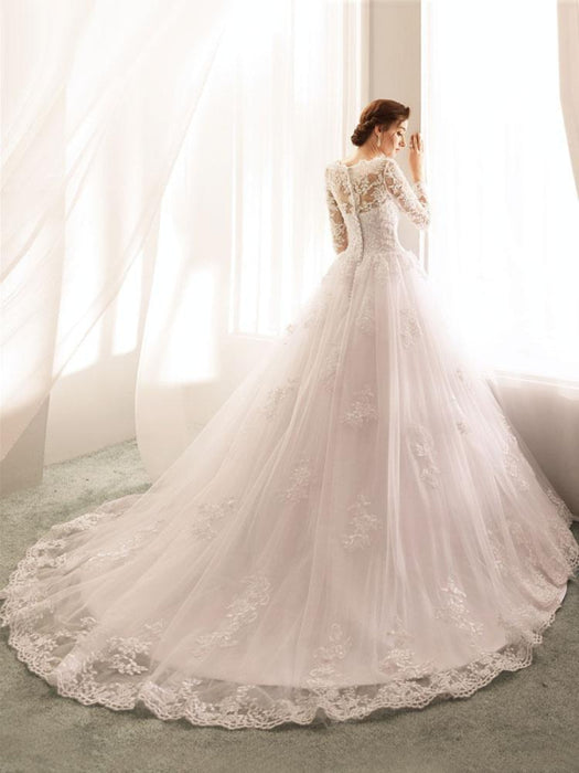 wedding dresses 2021 princess silhouette bateau neck long sleeve natural waist lace tulle bridal gowns