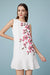 Bateau White Short Party Dress with Flowers Knee Length Casual Wear Dress - Dresses