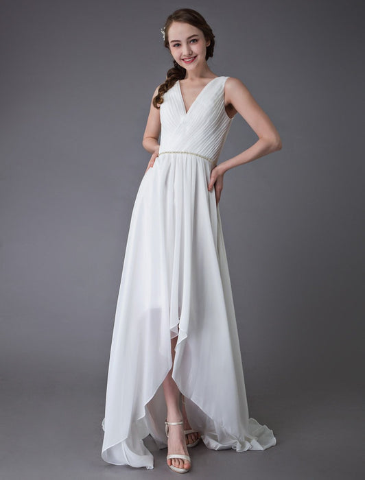 Beach Wedding Dresses Chiffon V Neck High Low Sash Summer Bridal Dress