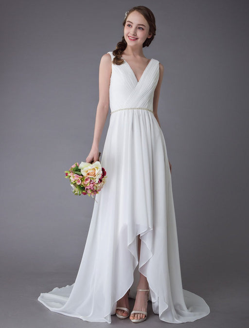 Beach Wedding Dresses Chiffon V Neck High Low Sash Summer Bridal Dress
