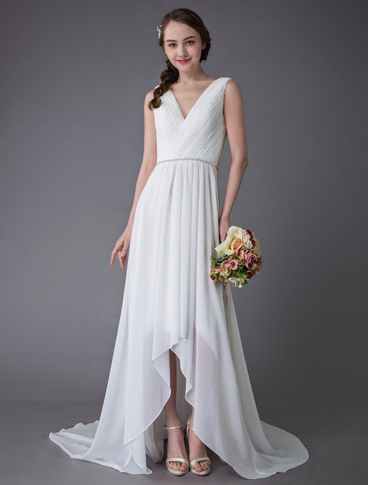 Beach Wedding Dresses Chiffon V Neck High Low Sash Summer Bridal Dress