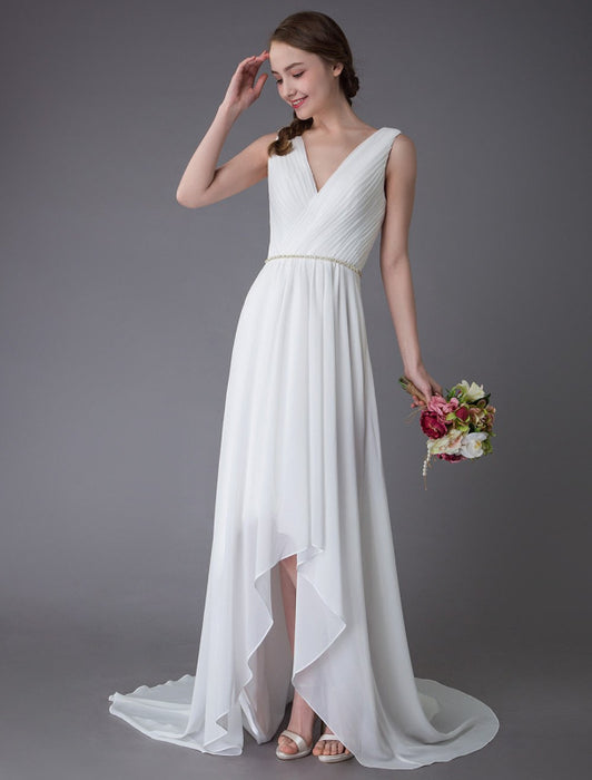Beach Wedding Dresses Chiffon V Neck High Low Sash Summer Bridal Dress