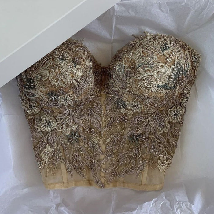 Beaded Corset Blouse for Special Ocasion Boning Bustier Top with Lace Appliques - Photo Color - Dress